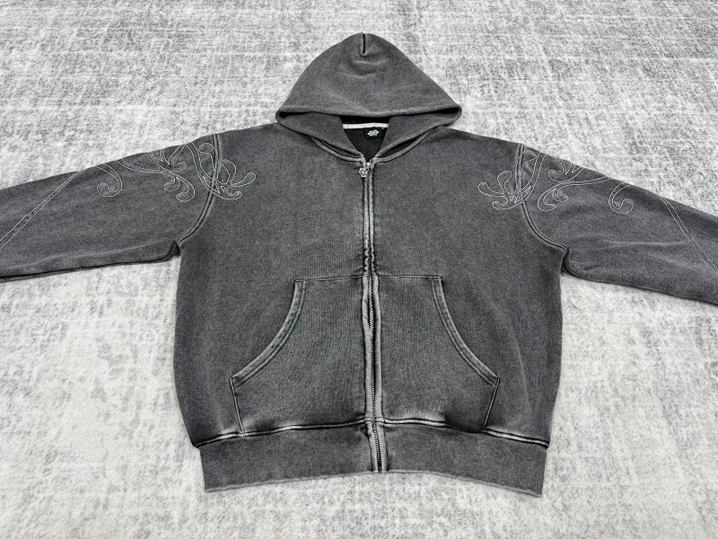 Dravil Supply Washed Grey Floral Embroidered Zip Up Hoodie · Dravil Supply