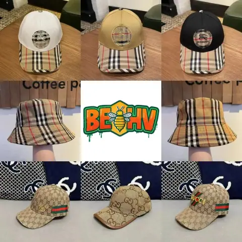 Hats from two major luxury brands: Burberry and Gucci · Burberry