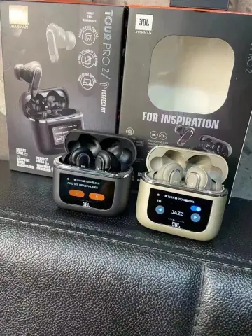 Two-color JBL touch screen noise cancelling wireless earbuds · JBL
