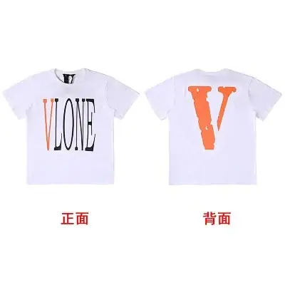 VLONE white short sleeve T-Shirt with orange-black letter and big V print · Vlone