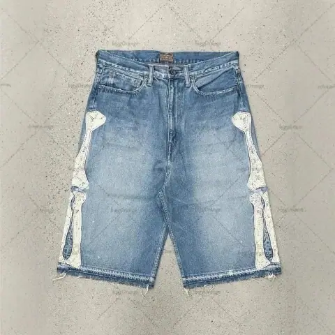 Gallery Dept.-Style Distressed Bone-Patch Denim Shorts · Gallery Dept