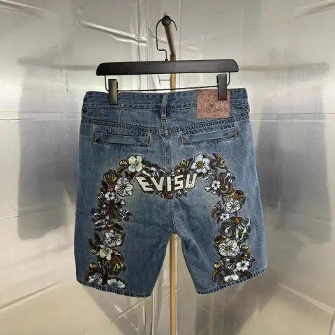 EVISU Floral Embroidered Denim Shorts (Size M) · Evisu