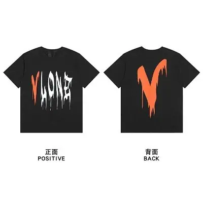 VLONE black short sleeve T-Shirt with orange and white dripping big V print · Vlone