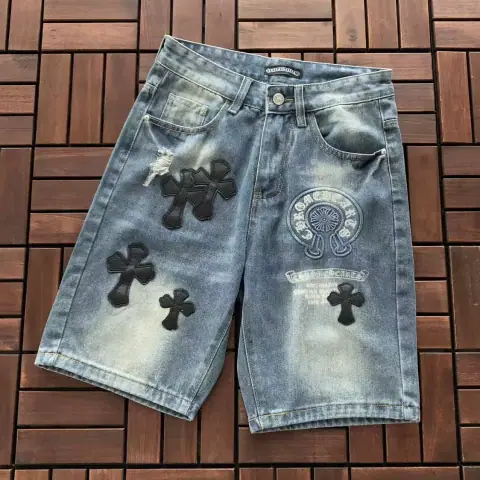 Chrome Hearts Washed Cross Leather Patch Denim Shorts · Chrome Hearts