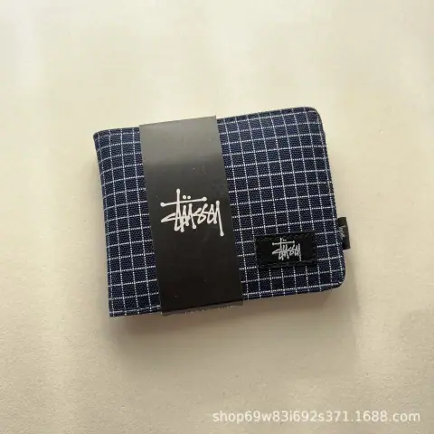 Stussy Navy Plaid Canvas Bifold Wallet · Stussy