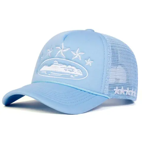 Corteiz light blue 5 starz Alcatraz embroidered mesh trucker hat · Corteiz