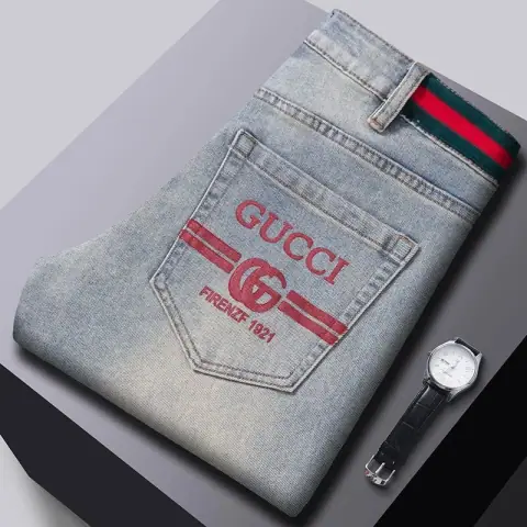 Gucci Red Embroidery Web Strap Washed Jeans · Gucci
